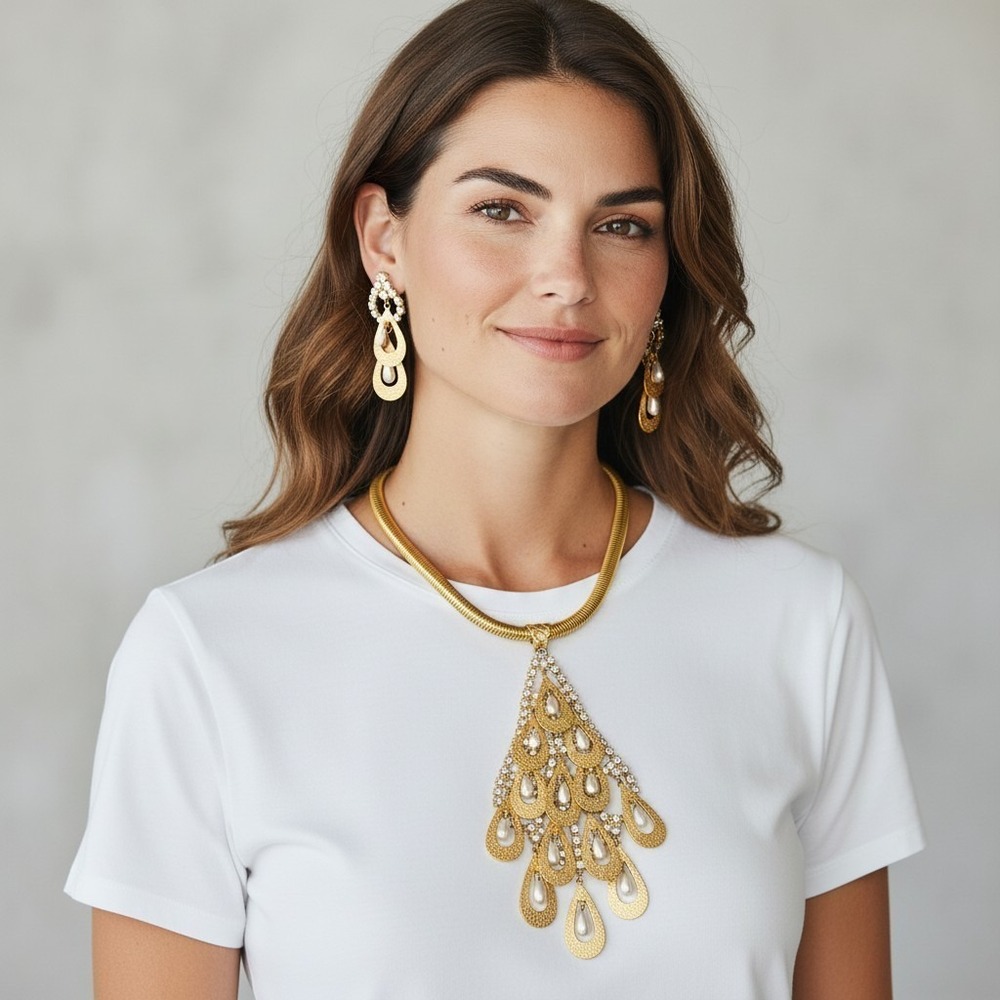 Vtg Juliana DE Clear Rhinestone Faux Pearl Waterfall Bib Necklace Earrings Set